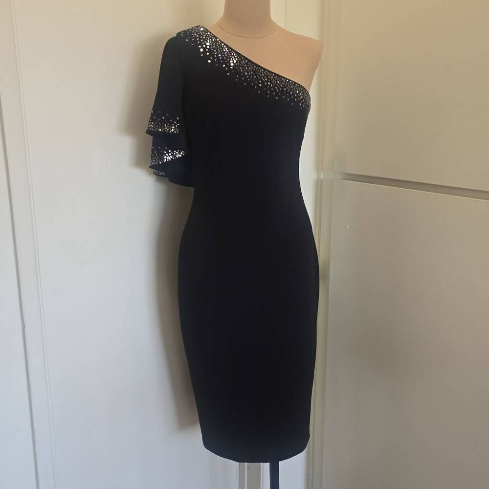 One Shoulder Blk Beaded Knit Ruffle Cocktail Dress with Flutter Slv , EUC, sz. 4
